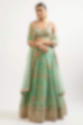 Green Cotton Silk Hand & Machine Embroidered Wedding Lehenga Set by GOPI VAID at Pernia's Pop Up Shop