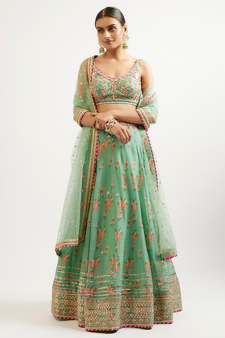 Green Cotton Silk Hand & Machine Embroidered Wedding Lehenga Set by GOPI VAID at Pernia's Pop Up Shop