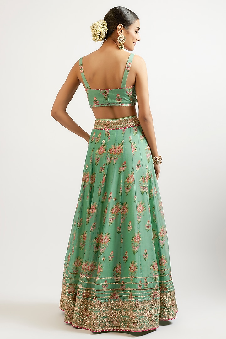 Green Cotton Silk Hand & Machine Embroidered Wedding Lehenga Set by GOPI VAID at Pernia's Pop Up Shop