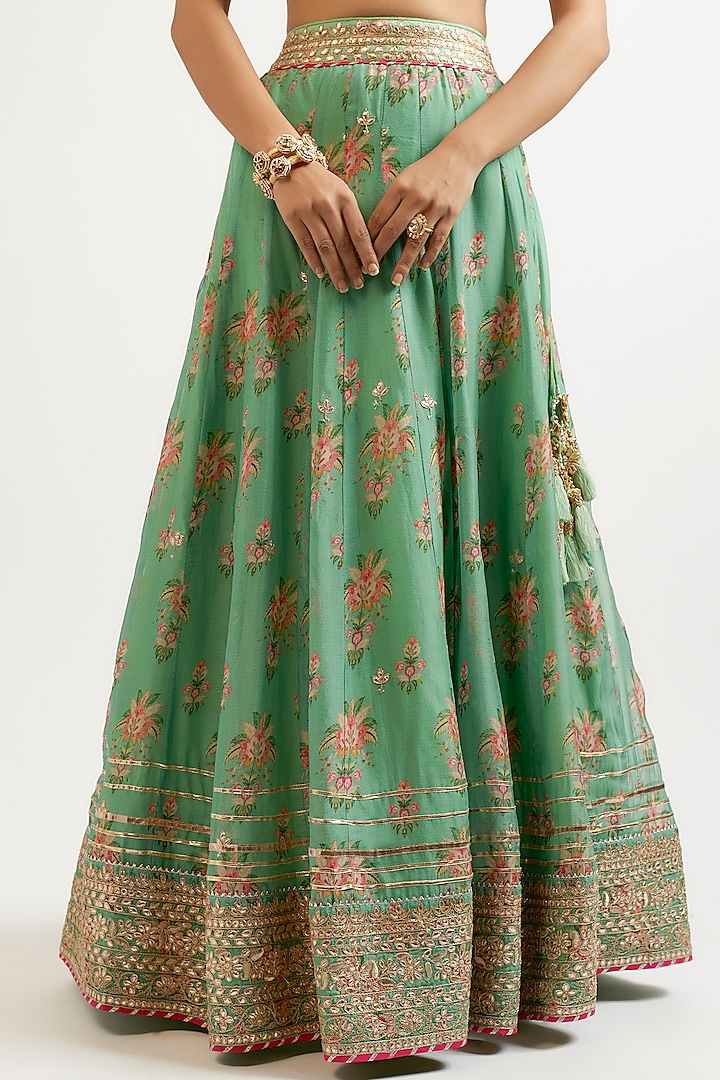 Green Cotton Silk Hand & Machine Embroidered Wedding Lehenga Set by GOPI VAID at Pernia's Pop Up Shop