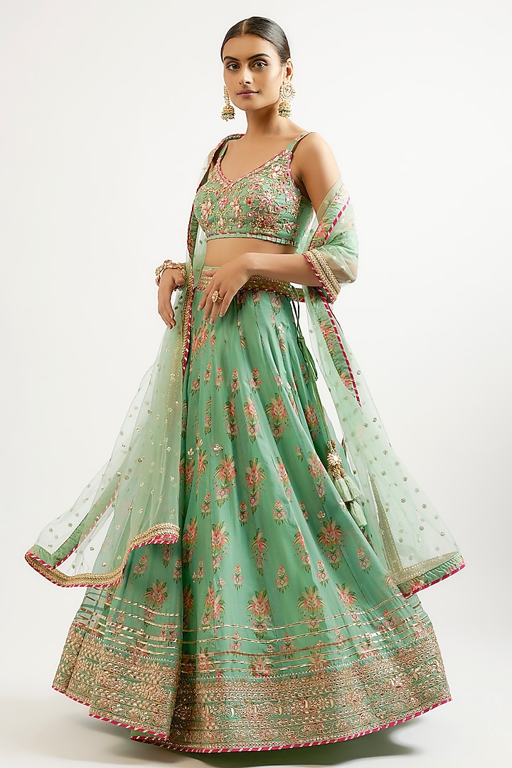 Green Cotton Silk Hand & Machine Embroidered Wedding Lehenga Set by GOPI VAID at Pernia's Pop Up Shop