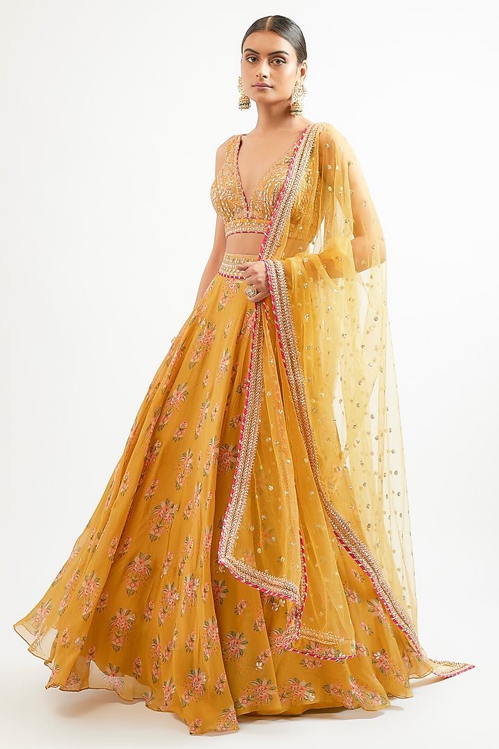 Yellow Cotton Silk Hand & Machine Embroidered Wedding Lehenga Set by GOPI VAID at Pernia's Pop Up Shop
