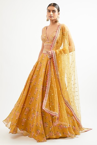Yellow Cotton Silk Hand & Machine Embroidered Lehenga Set by GOPI VAID