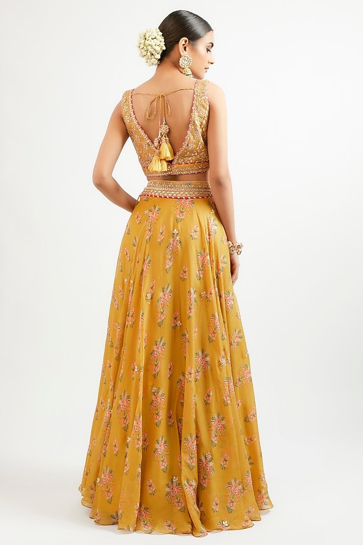 Yellow Cotton Silk Hand & Machine Embroidered Wedding Lehenga Set by GOPI VAID at Pernia's Pop Up Shop