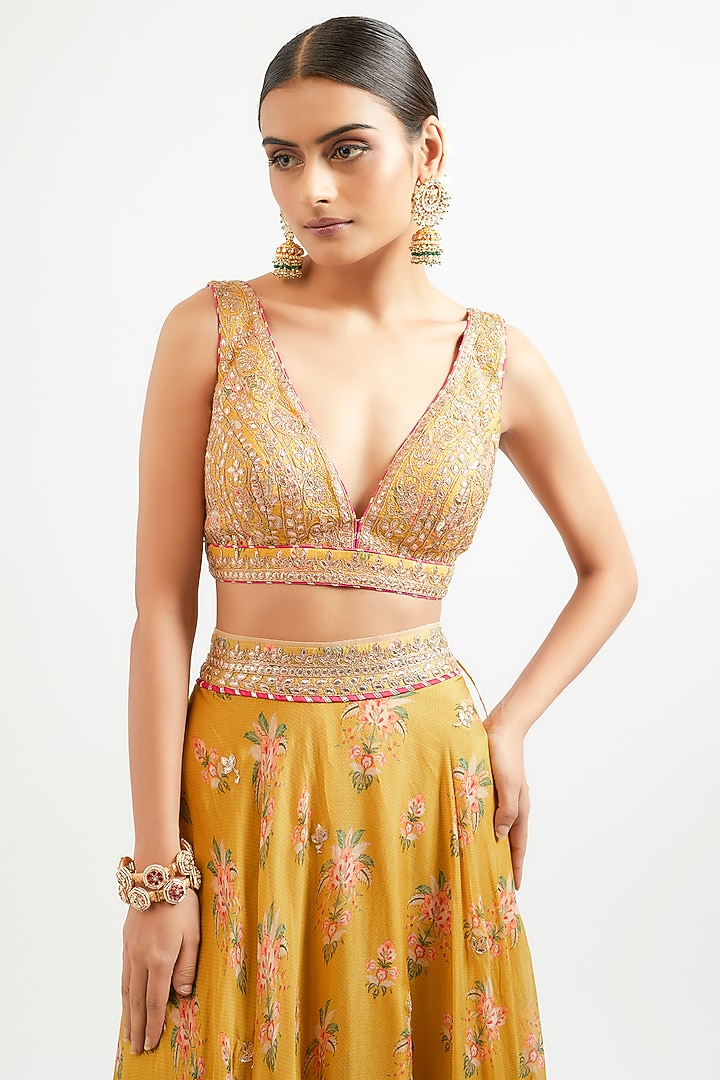 Yellow Cotton Silk Hand & Machine Embroidered Wedding Lehenga Set by GOPI VAID at Pernia's Pop Up Shop