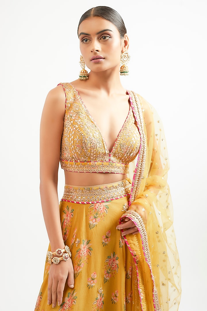 Yellow Cotton Silk Hand & Machine Embroidered Wedding Lehenga Set by GOPI VAID at Pernia's Pop Up Shop