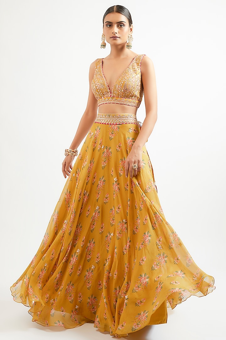 Yellow Cotton Silk Hand & Machine Embroidered Wedding Lehenga Set by GOPI VAID at Pernia's Pop Up Shop