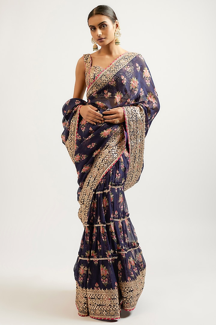 Blue Cotton Silk Hand & Machine Embroidered Frilled Wedding Saree Set by GOPI VAID at Pernia's Pop Up Shop