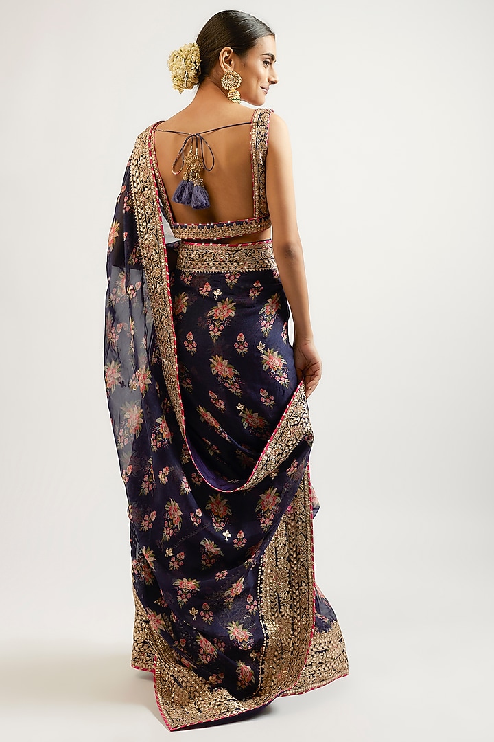 Blue Cotton Silk Hand & Machine Embroidered Frilled Wedding Saree Set by GOPI VAID at Pernia's Pop Up Shop