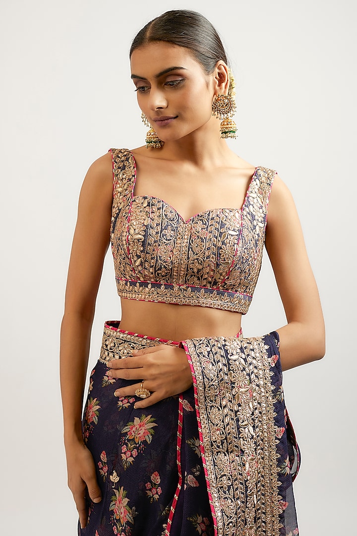 Blue Cotton Silk Hand & Machine Embroidered Frilled Wedding Saree Set by GOPI VAID at Pernia's Pop Up Shop