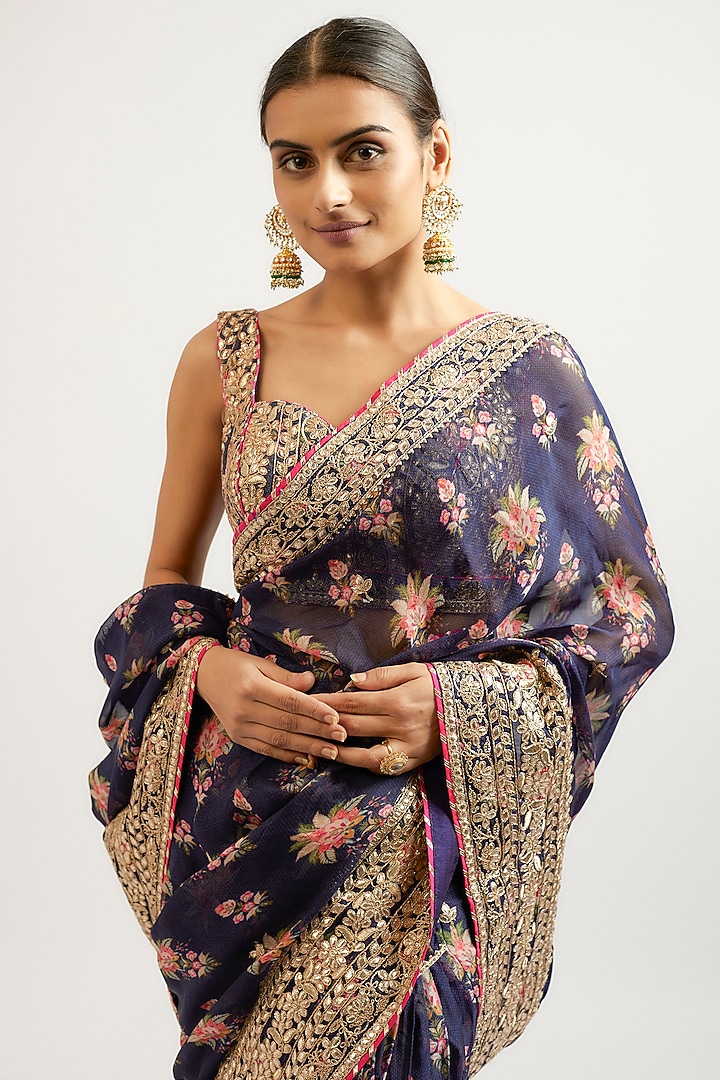 Blue Cotton Silk Hand & Machine Embroidered Frilled Wedding Saree Set by GOPI VAID at Pernia's Pop Up Shop