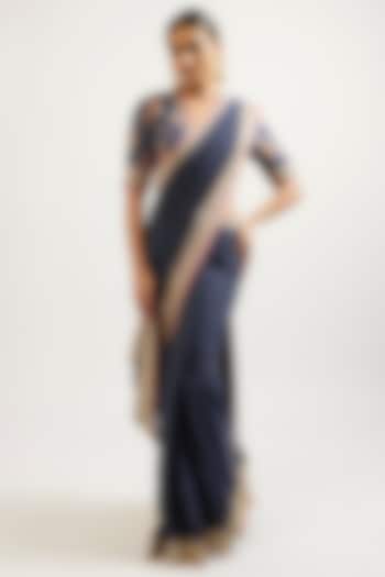 Blue Cotton Silk Hand & Machine Embroidered Wedding Saree Set by GOPI VAID at Pernia's Pop Up Shop