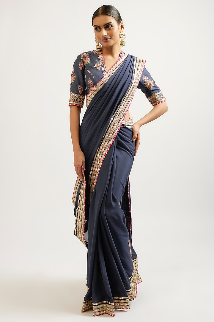 Blue Cotton Silk Hand & Machine Embroidered Wedding Saree Set by GOPI VAID at Pernia's Pop Up Shop