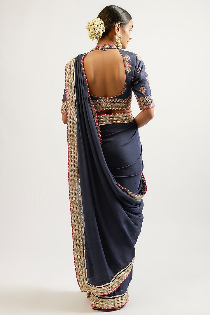 Blue Cotton Silk Hand & Machine Embroidered Wedding Saree Set by GOPI VAID at Pernia's Pop Up Shop