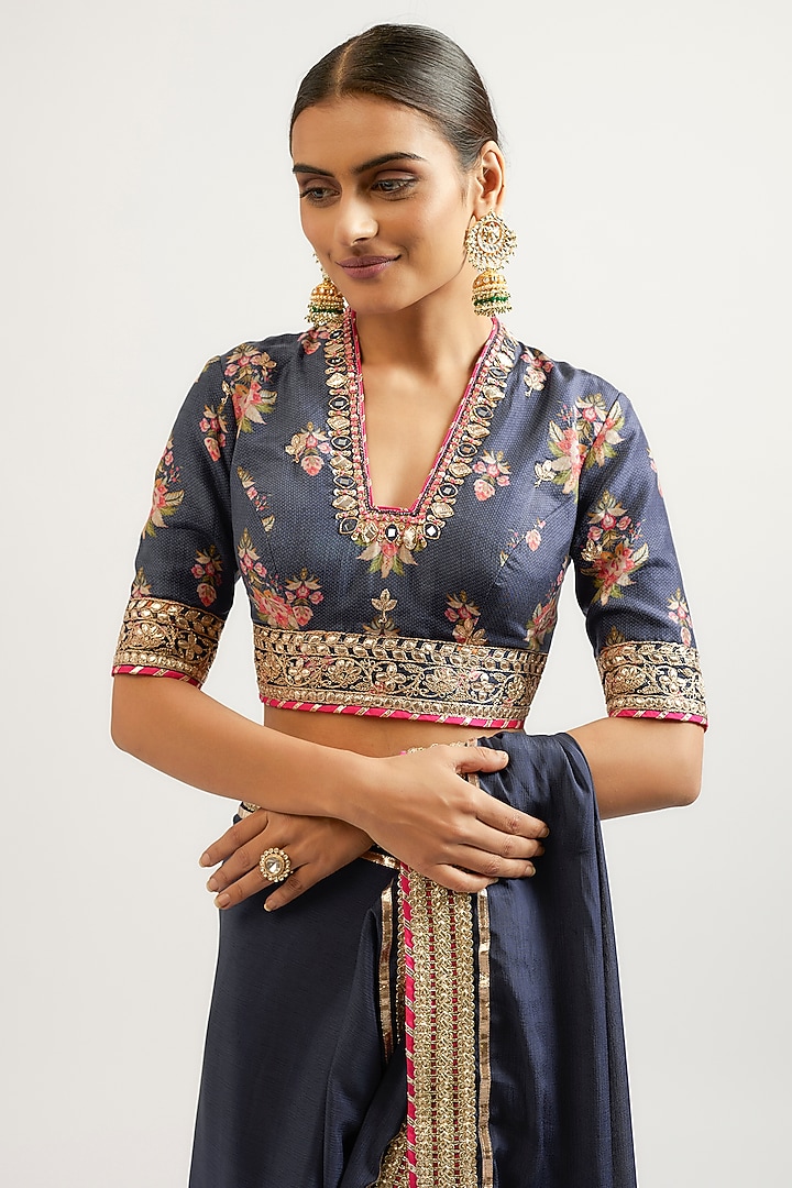 Blue Cotton Silk Hand & Machine Embroidered Wedding Saree Set by GOPI VAID at Pernia's Pop Up Shop