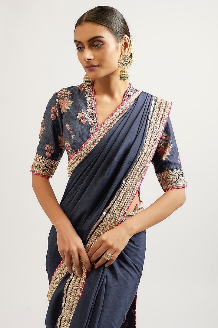 Blue Cotton Silk Hand & Machine Embroidered Wedding Saree Set by GOPI VAID at Pernia's Pop Up Shop