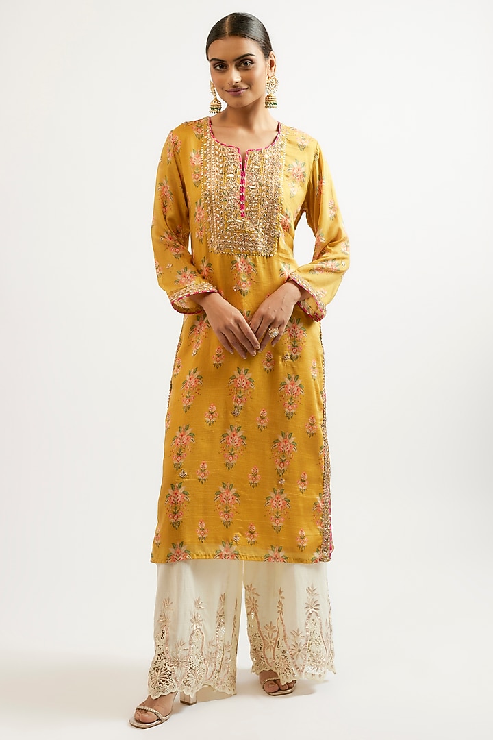 Yellow Cotton Silk Hand & Machine Embroidered Kurta Set by GOPI VAID at Pernia's Pop Up Shop