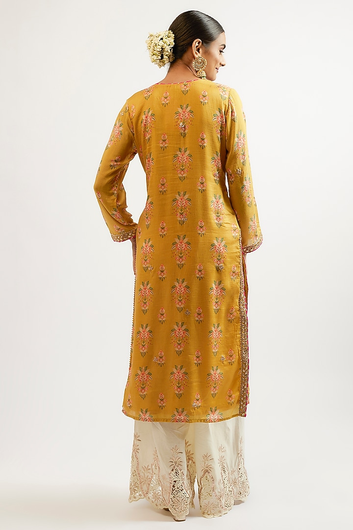 Yellow Cotton Silk Hand & Machine Embroidered Kurta Set by GOPI VAID at Pernia's Pop Up Shop