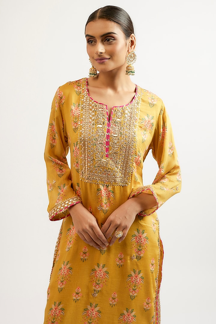 Yellow Cotton Silk Hand & Machine Embroidered Kurta Set by GOPI VAID at Pernia's Pop Up Shop