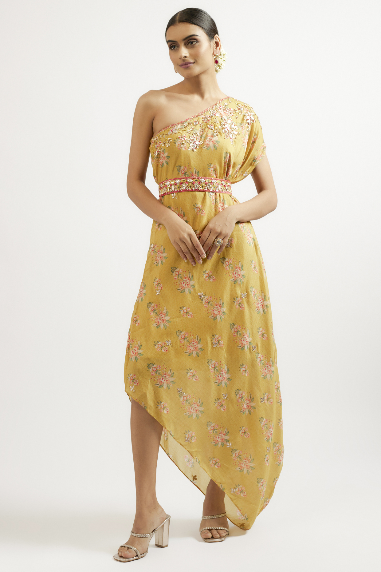 Yellow Cotton Silk Hand & Machine Embroidered One-Shoulder Dress by GOPI VAID at Pernia's Pop Up Shop
