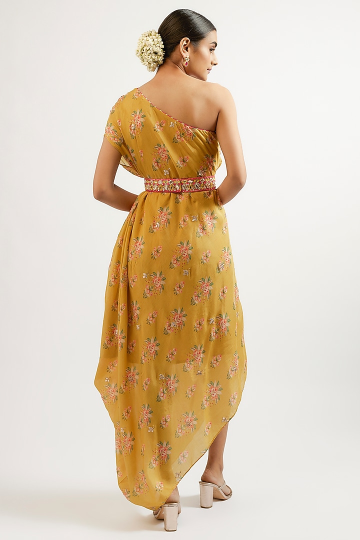 Yellow Cotton Silk Hand & Machine Embroidered One-Shoulder Vacation Dress by GOPI VAID at Pernia's Pop Up Shop