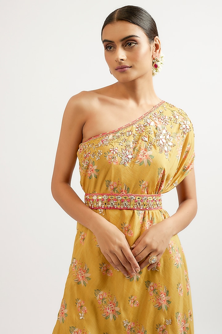 Yellow Cotton Silk Hand & Machine Embroidered One-Shoulder Vacation Dress by GOPI VAID at Pernia's Pop Up Shop