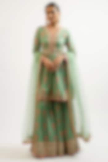 Green Cotton Silk Hand & Machine Embroidered Wedding Sharara Set by GOPI VAID at Pernia's Pop Up Shop
