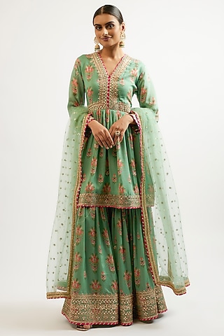 Green Cotton Silk Hand & Machine Embroidered Sharara Set by GOPI VAID