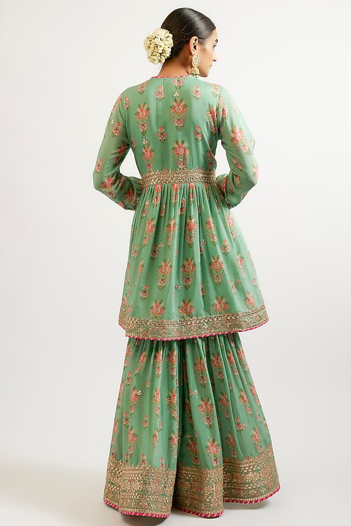 Green Cotton Silk Hand & Machine Embroidered Wedding Sharara Set by GOPI VAID at Pernia's Pop Up Shop