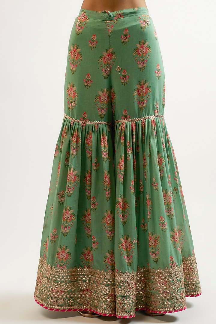 Green Cotton Silk Hand & Machine Embroidered Wedding Sharara Set by GOPI VAID at Pernia's Pop Up Shop
