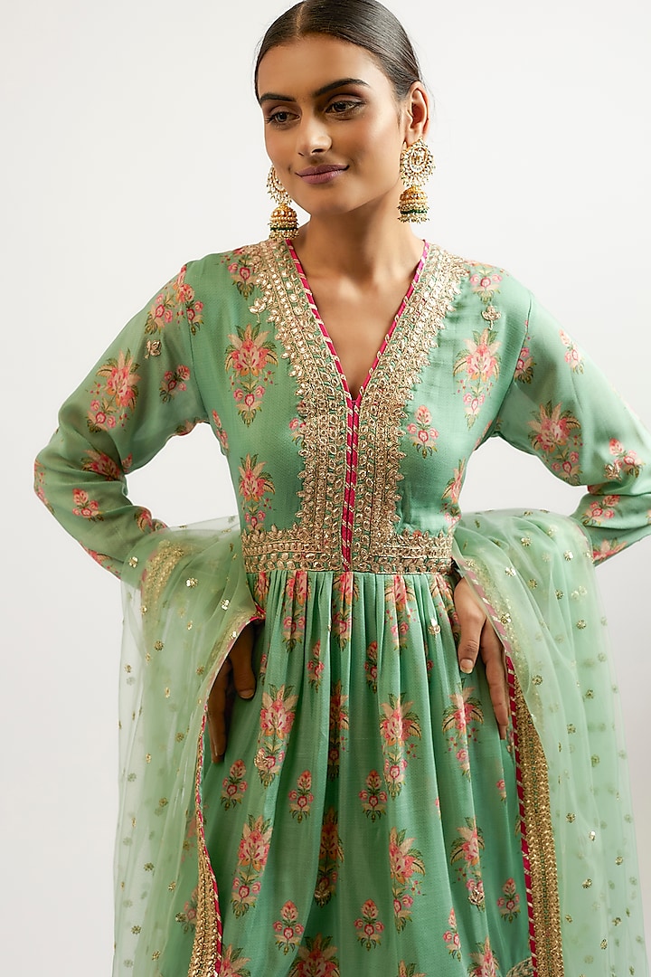 Green Cotton Silk Hand & Machine Embroidered Wedding Sharara Set by GOPI VAID at Pernia's Pop Up Shop