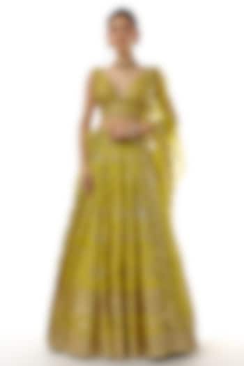 Yellow Tussar Mirror Embroidered Wedding Lehenga Set by GOPI VAID at Pernia's Pop Up Shop