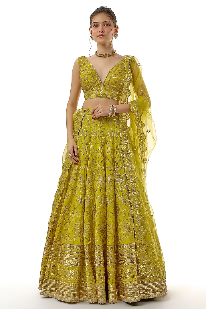 Yellow Tussar Mirror Embroidered Wedding Lehenga Set by GOPI VAID at Pernia's Pop Up Shop