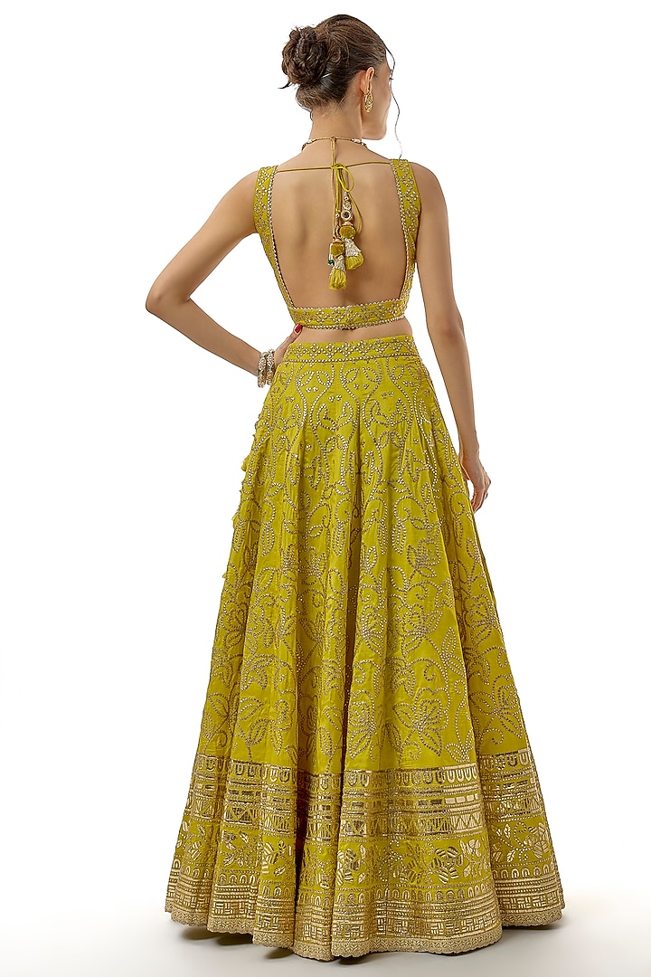 Yellow Tussar Mirror Embroidered Wedding Lehenga Set by GOPI VAID at Pernia's Pop Up Shop