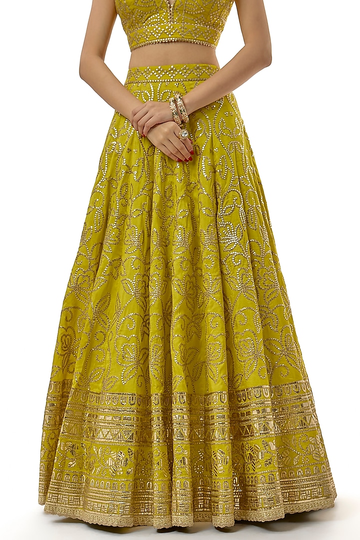 Yellow Tussar Mirror Embroidered Wedding Lehenga Set by GOPI VAID at Pernia's Pop Up Shop
