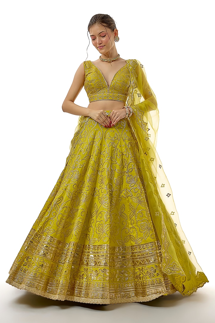 Yellow Tussar Mirror Embroidered Wedding Lehenga Set by GOPI VAID at Pernia's Pop Up Shop
