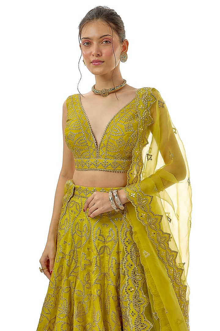 Yellow Tussar Mirror Embroidered Wedding Lehenga Set by GOPI VAID at Pernia's Pop Up Shop