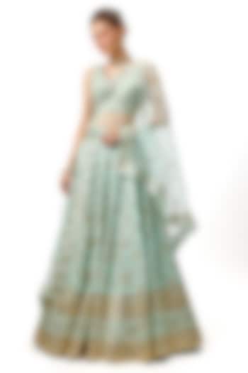 Blue Tussar Sequin & Zari Hand Embroidered Wedding Lehenga Set by Gopi Vaid at Pernia's Pop Up Shop