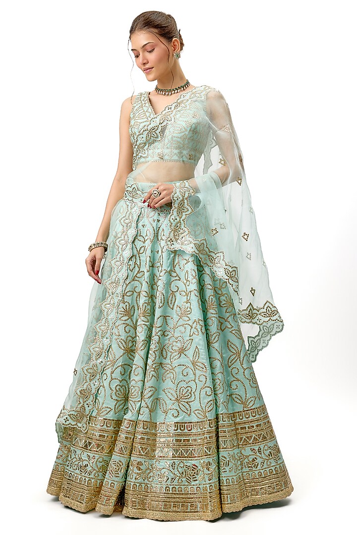 Blue Tussar Sequin & Zari Hand Embroidered Wedding Lehenga Set by Gopi Vaid at Pernia's Pop Up Shop