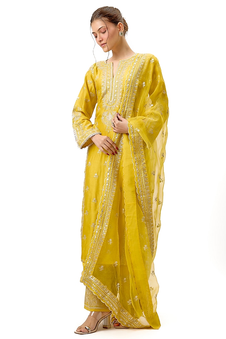 Yellow Tussar Silk Embroidered Kurta Set by Gopi Vaid at Pernia's Pop Up Shop