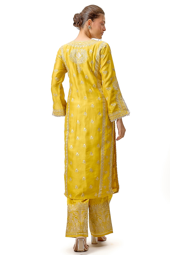 Yellow Tussar Silk Embroidered Kurta Set by Gopi Vaid at Pernia's Pop Up Shop