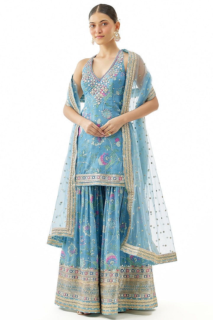Blue Cotton Silk Mirror Embroidered Wedding Sharara Set by GOPI VAID at Pernia's Pop Up Shop