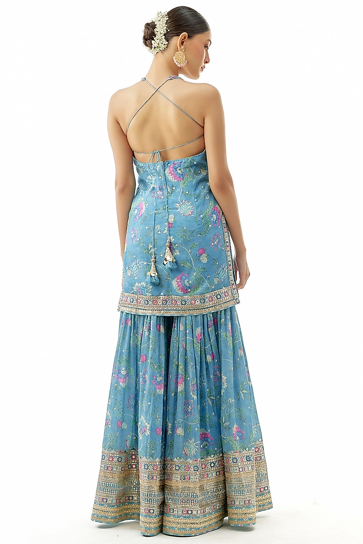 Blue Cotton Silk Mirror Embroidered Wedding Sharara Set by GOPI VAID at Pernia's Pop Up Shop
