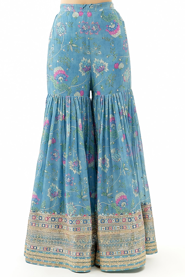 Blue Cotton Silk Mirror Embroidered Wedding Sharara Set by GOPI VAID at Pernia's Pop Up Shop