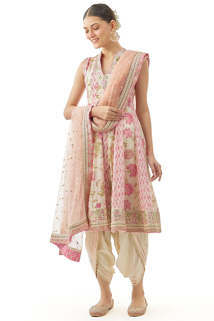 Ivory Cotton Silk Zari Embroidered Asymmetric Kurta Set by GOPI VAID at Pernia's Pop Up Shop