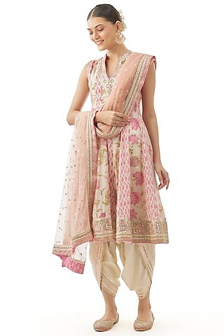 Ivory Cotton Silk Zari Embroidered Asymmetric Kurta Set by GOPI VAID