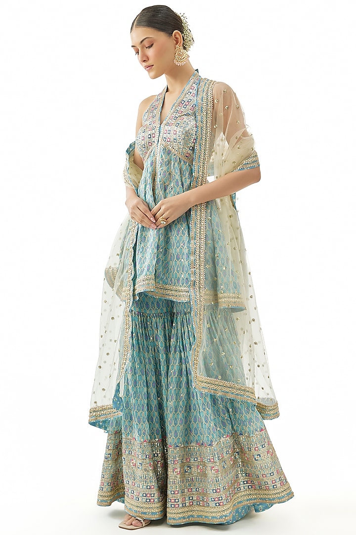 Blue Cotton Silk Embroidered Wedding Sharara Set by GOPI VAID at Pernia's Pop Up Shop