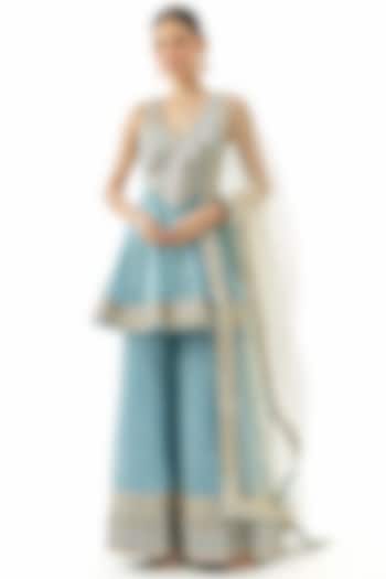 Blue Cotton Silk Mirror Embroidered Wedding Sharara Set by GOPI VAID at Pernia's Pop Up Shop