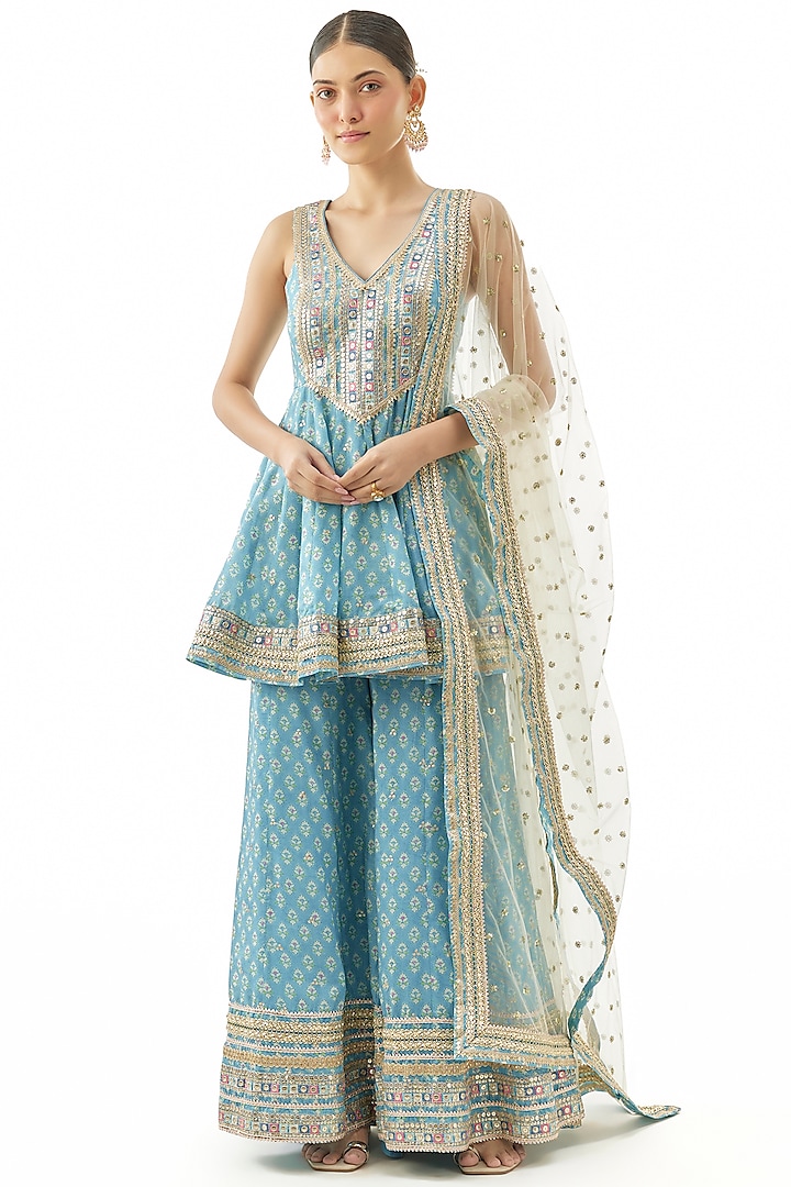 Blue Cotton Silk Mirror Embroidered Wedding Sharara Set by GOPI VAID at Pernia's Pop Up Shop