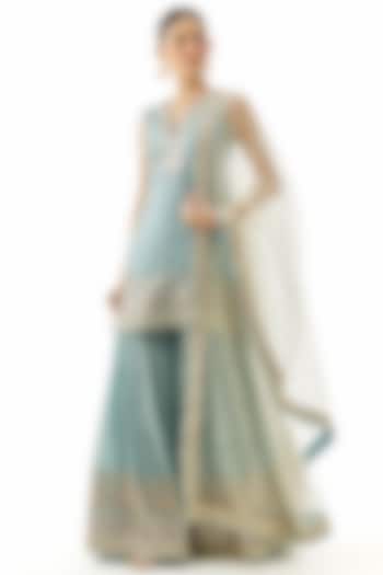 Blue Cotton Silk Embroidered Wedding Sharara Set by GOPI VAID at Pernia's Pop Up Shop